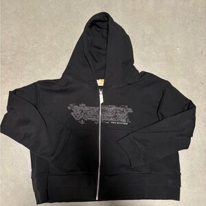 Black Zip-Up Hoodie with Graphic Design